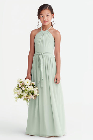 Sage Green Halter Chiffon A-Line Long Junior Bridesmaid Dress